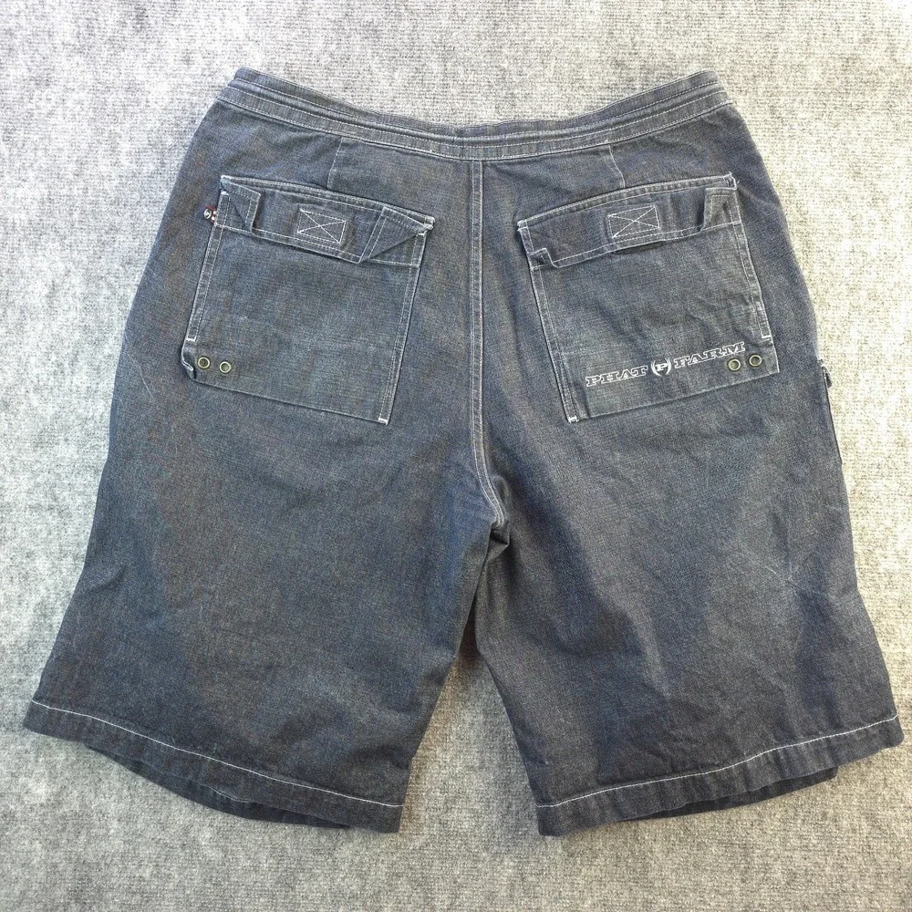 Vintage Phat‎ Farm Denim Shorts 38 Baggy Drawstring Logo Y2k Cotton 12